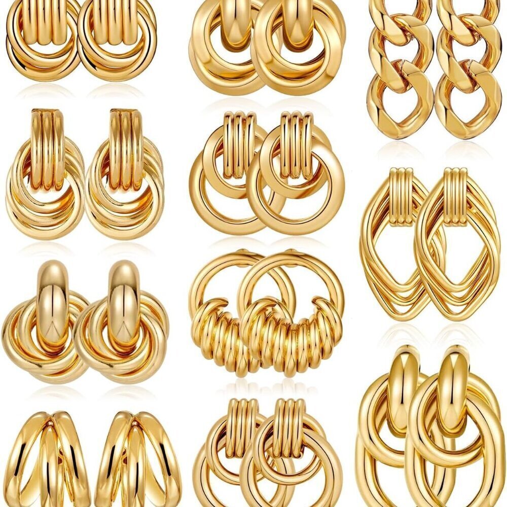 Gold Knot Earrings 11 Pairs Dangle Lightweight Hypoallergenic Jewelry Set